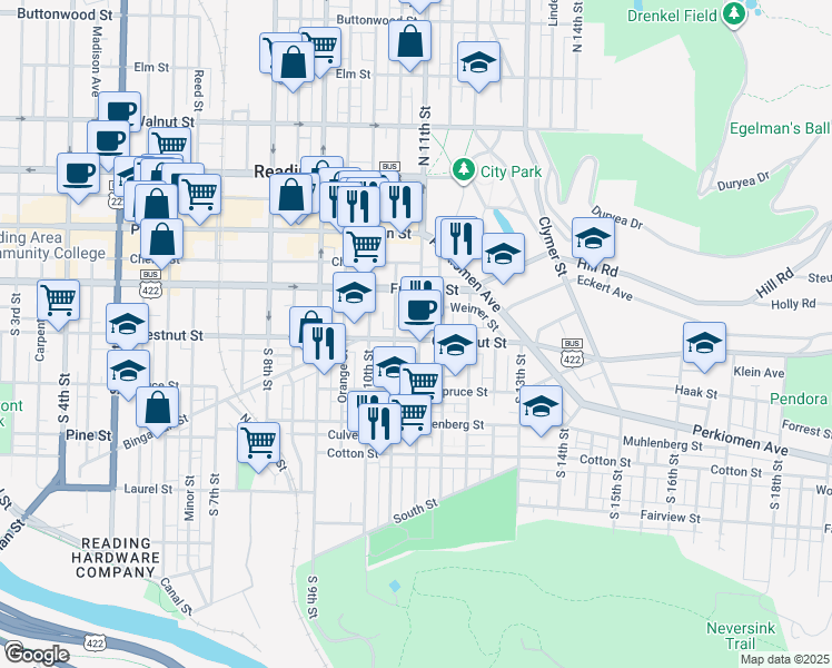 map of restaurants, bars, coffee shops, grocery stores, and more near 1057 Chestnut Street in Reading
