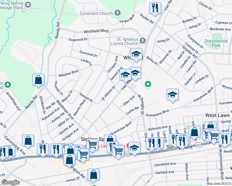 map of restaurants, bars, coffee shops, grocery stores, and more near 2824 Van Reed Road in West Lawn