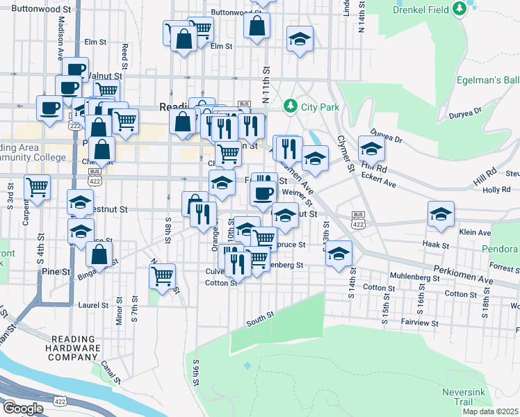 map of restaurants, bars, coffee shops, grocery stores, and more near 1055 Chestnut Street in Reading