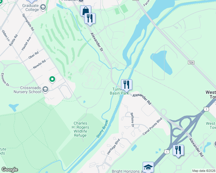 map of restaurants, bars, coffee shops, grocery stores, and more near 26 Lawrence Drive in Princeton