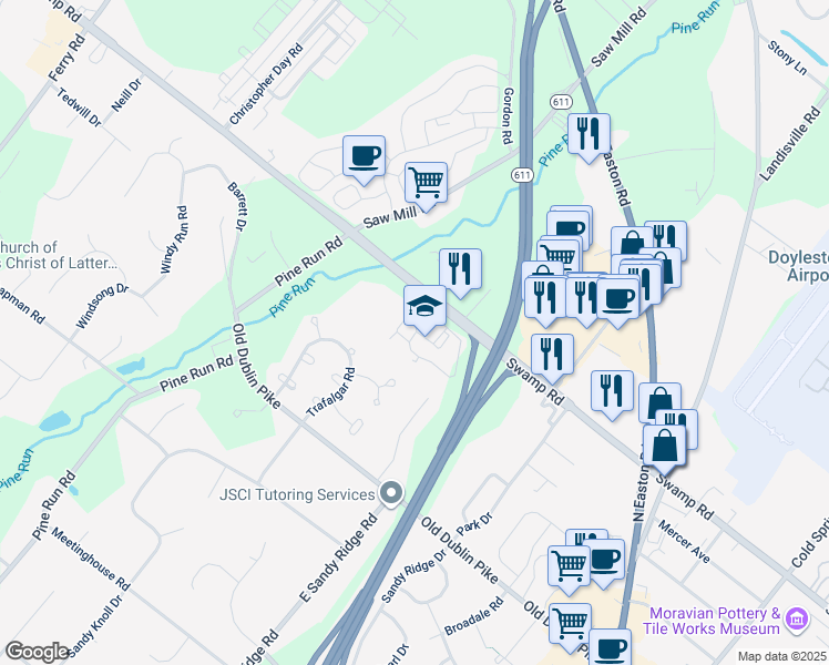 map of restaurants, bars, coffee shops, grocery stores, and more near 252 West Swamp Road in Doylestown