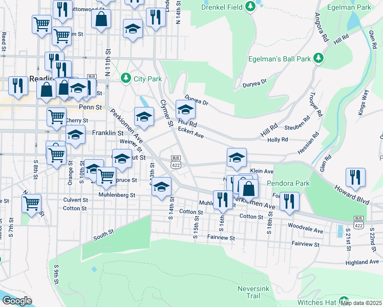 map of restaurants, bars, coffee shops, grocery stores, and more near 1501 Mineral Spring Road in Reading