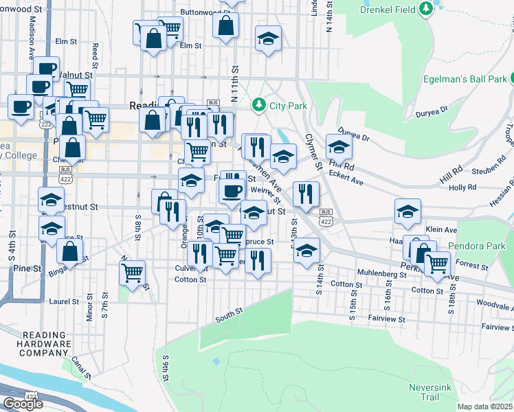 map of restaurants, bars, coffee shops, grocery stores, and more near 1149 Chestnut Street in Reading