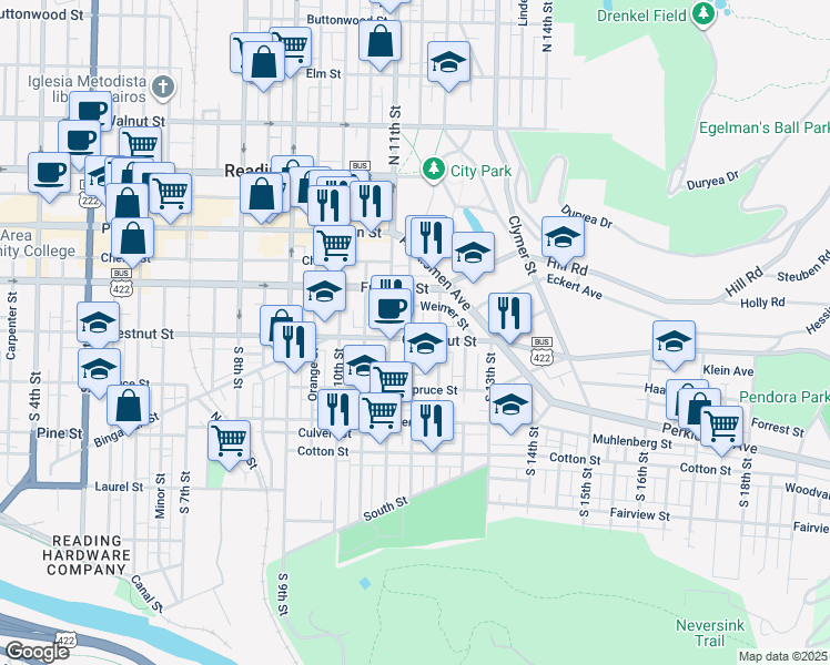 map of restaurants, bars, coffee shops, grocery stores, and more near 1137 Chestnut Street in Reading