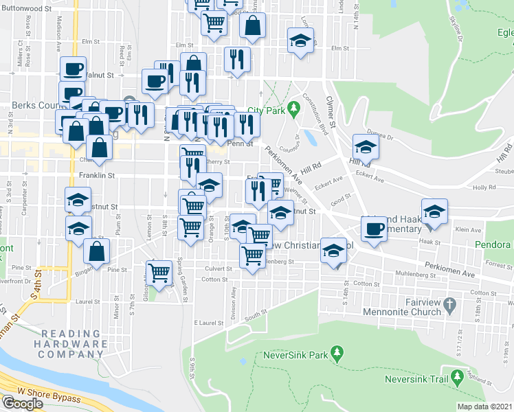 map of restaurants, bars, coffee shops, grocery stores, and more near 1055 Chestnut Street in Reading