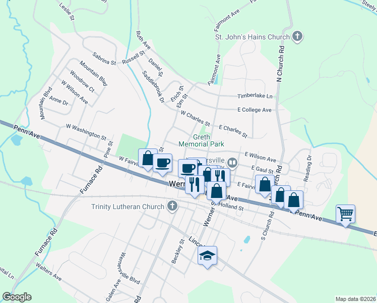 map of restaurants, bars, coffee shops, grocery stores, and more near 14 West Wilson Avenue in Wernersville