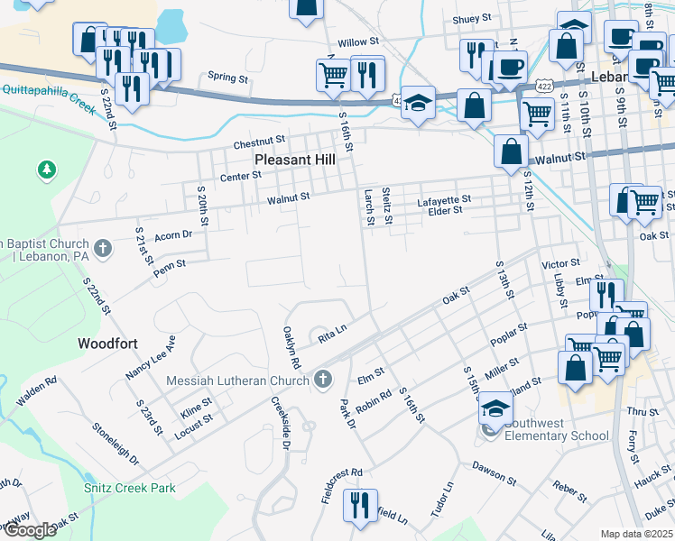 map of restaurants, bars, coffee shops, grocery stores, and more near 1605 Green Lane in Lebanon