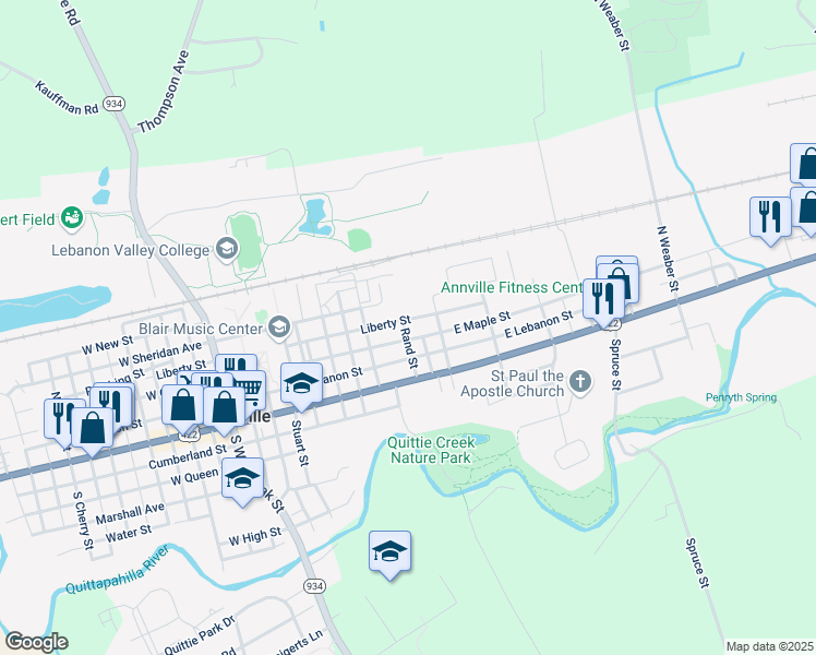 map of restaurants, bars, coffee shops, grocery stores, and more near 445 East Maple Street in Annville