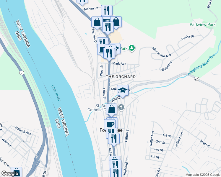 map of restaurants, bars, coffee shops, grocery stores, and more near 1201 Main Street in Follansbee