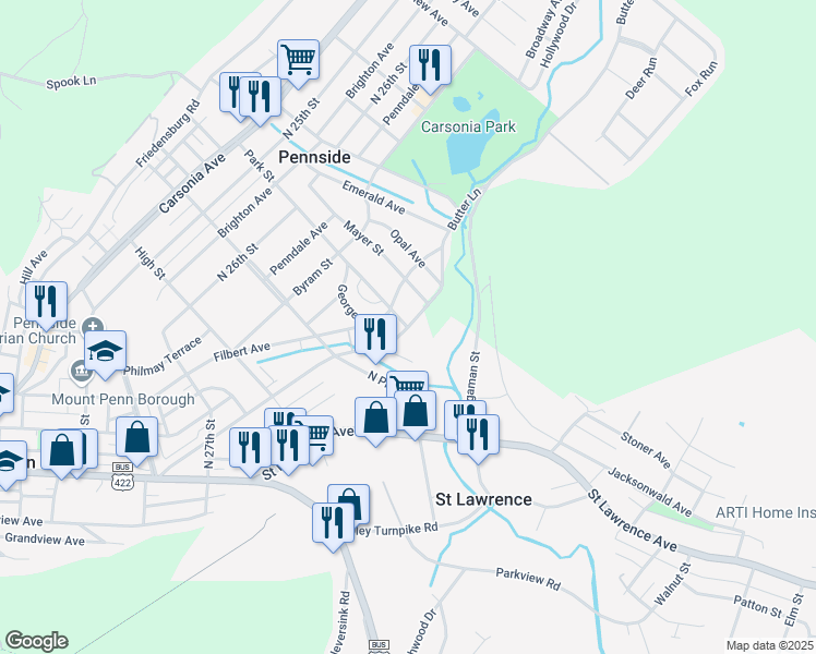 map of restaurants, bars, coffee shops, grocery stores, and more near 2739 Park Street in Reading