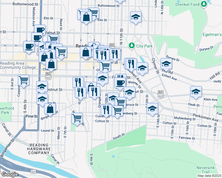 map of restaurants, bars, coffee shops, grocery stores, and more near 1017 Chestnut Street in Reading