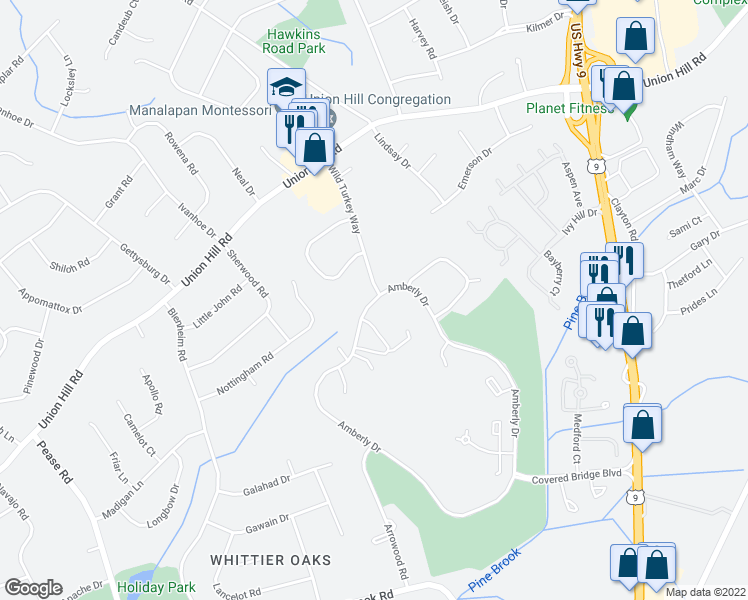 map of restaurants, bars, coffee shops, grocery stores, and more near 55 Amberly Dr in Manalapan