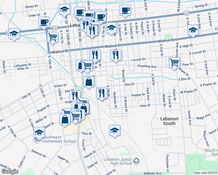 map of restaurants, bars, coffee shops, grocery stores, and more near 504 South 7th Street in Lebanon
