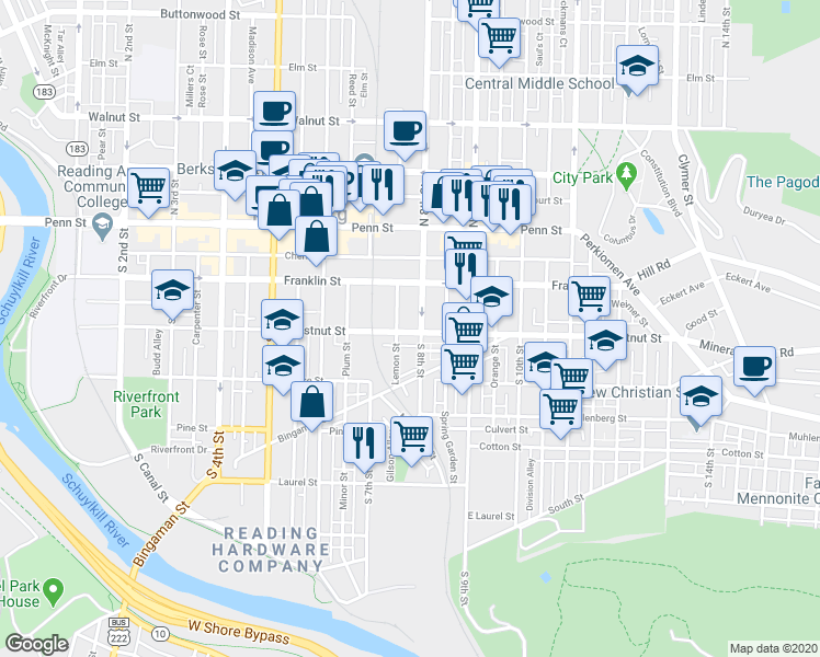 map of restaurants, bars, coffee shops, grocery stores, and more near 739 Chestnut Street in Reading