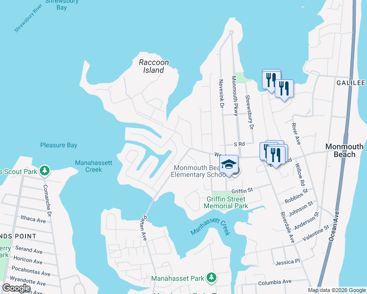 map of restaurants, bars, coffee shops, grocery stores, and more near 4 Meadow Avenue in Monmouth Beach