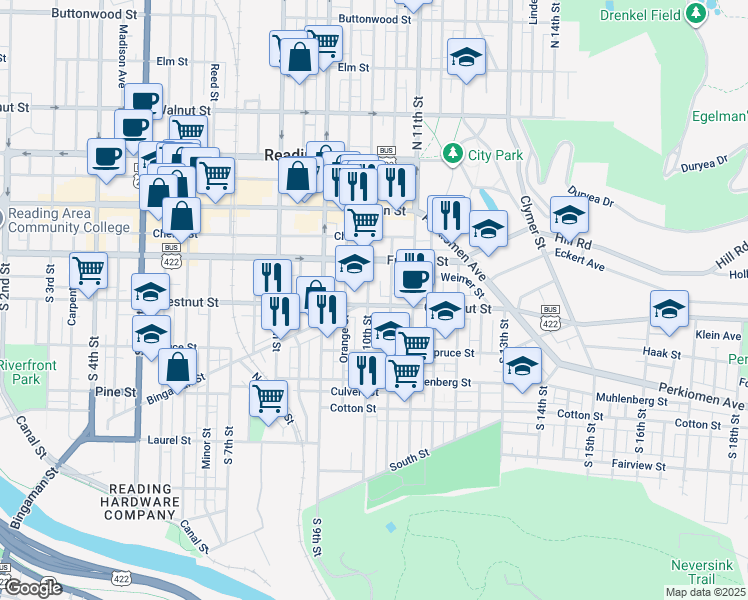 map of restaurants, bars, coffee shops, grocery stores, and more near 1005 Chestnut Street in Reading