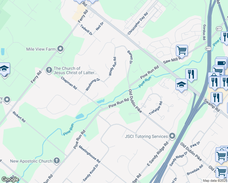 map of restaurants, bars, coffee shops, grocery stores, and more near 119 Windsong Drive in Doylestown