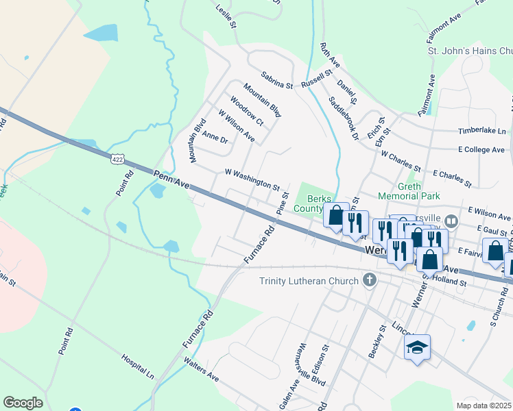 map of restaurants, bars, coffee shops, grocery stores, and more near 449 West Penn Avenue in Wernersville