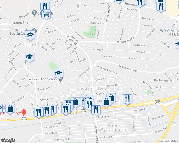 map of restaurants, bars, coffee shops, grocery stores, and more near 432 Woodside Avenue in West Lawn