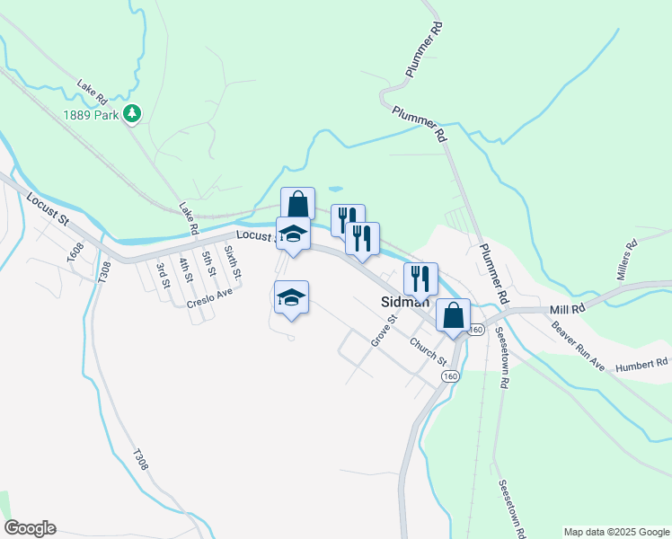 map of restaurants, bars, coffee shops, grocery stores, and more near 489 Locust Street in Sidman