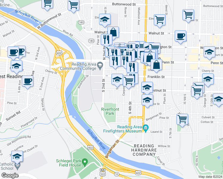 map of restaurants, bars, coffee shops, grocery stores, and more near 230 Chestnut Street in Reading