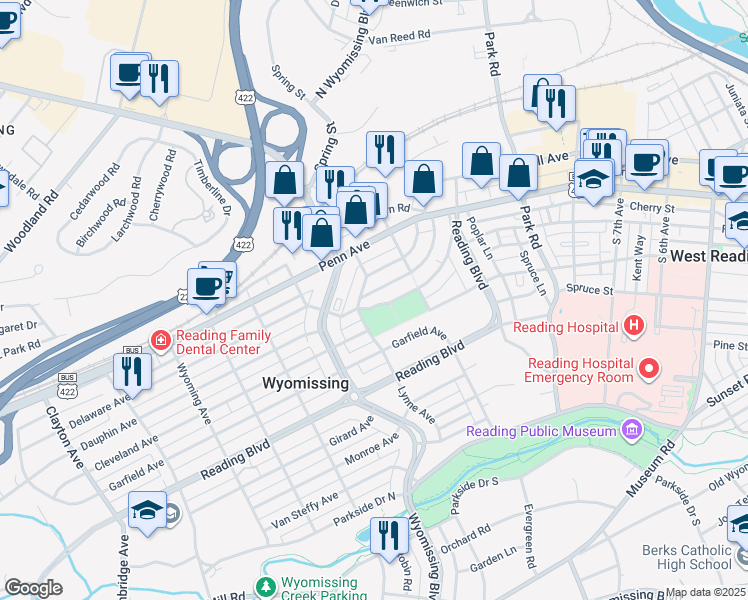map of restaurants, bars, coffee shops, grocery stores, and more near 50 Lynne Avenue in Wyomissing