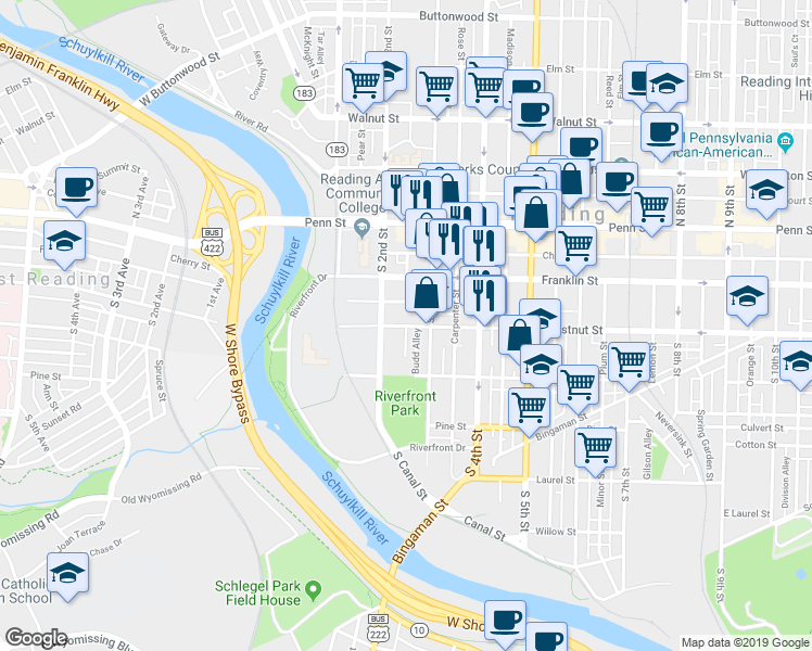 map of restaurants, bars, coffee shops, grocery stores, and more near 231 Chestnut Street in Reading