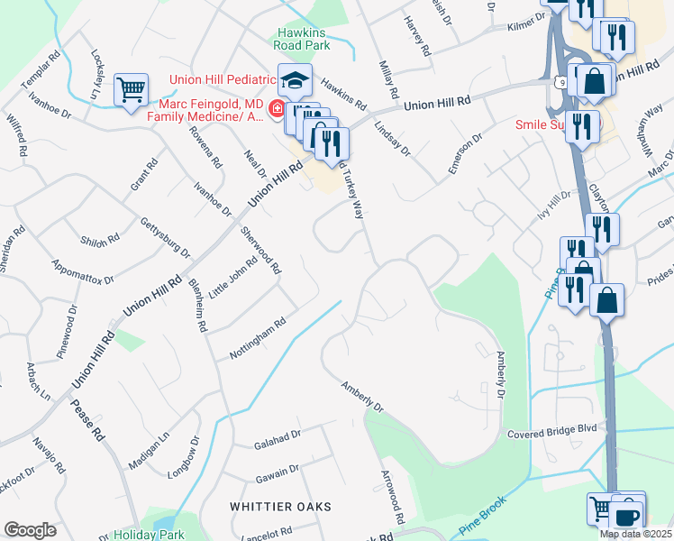 map of restaurants, bars, coffee shops, grocery stores, and more near 33 Nottingham Road in Manalapan Township