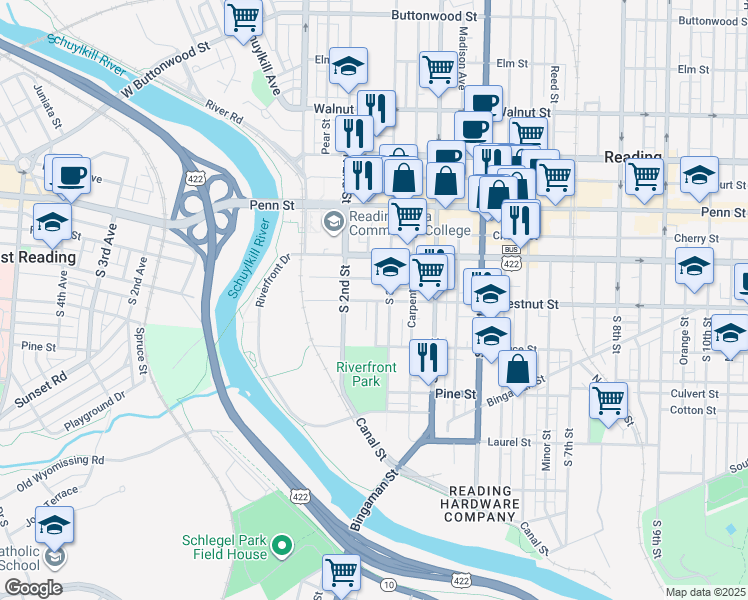 map of restaurants, bars, coffee shops, grocery stores, and more near 255 Chestnut Street in Reading