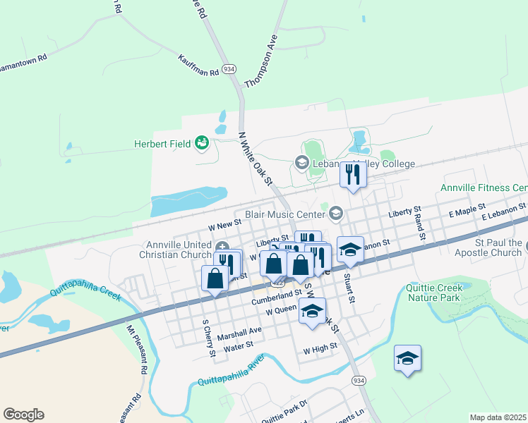 map of restaurants, bars, coffee shops, grocery stores, and more near 234 North Lancaster Street in Annville