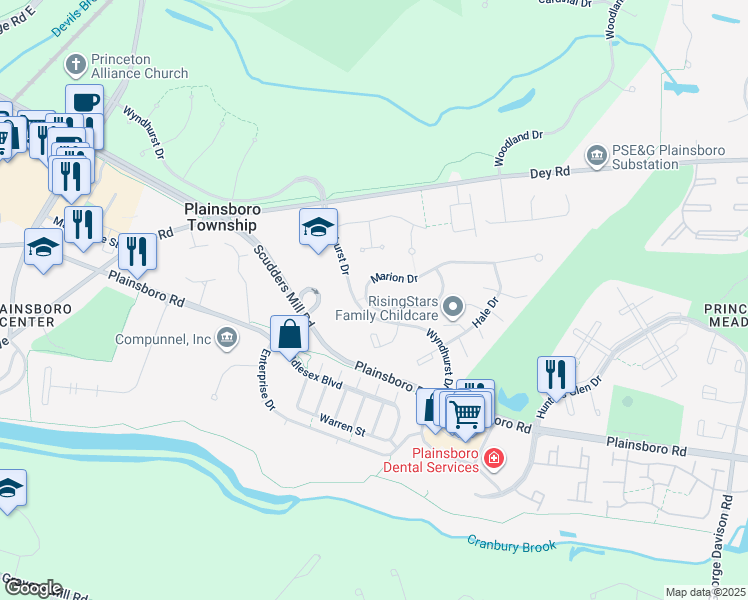 map of restaurants, bars, coffee shops, grocery stores, and more near 46 Marion Drive in Princeton Meadows