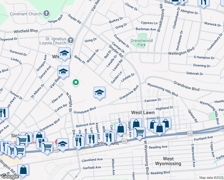 map of restaurants, bars, coffee shops, grocery stores, and more near 514 Berks Place in West Lawn