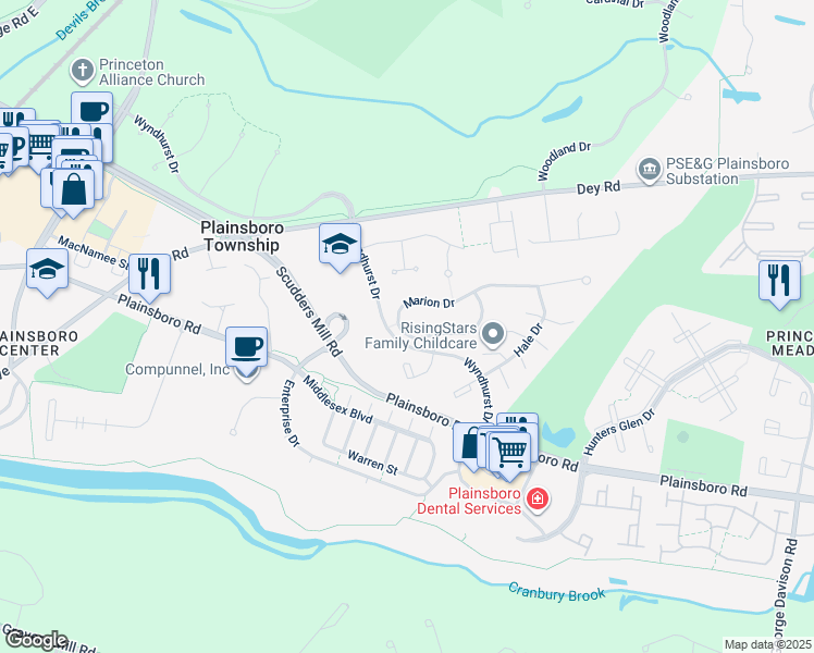 map of restaurants, bars, coffee shops, grocery stores, and more near 46 Marion Drive in Princeton Meadows