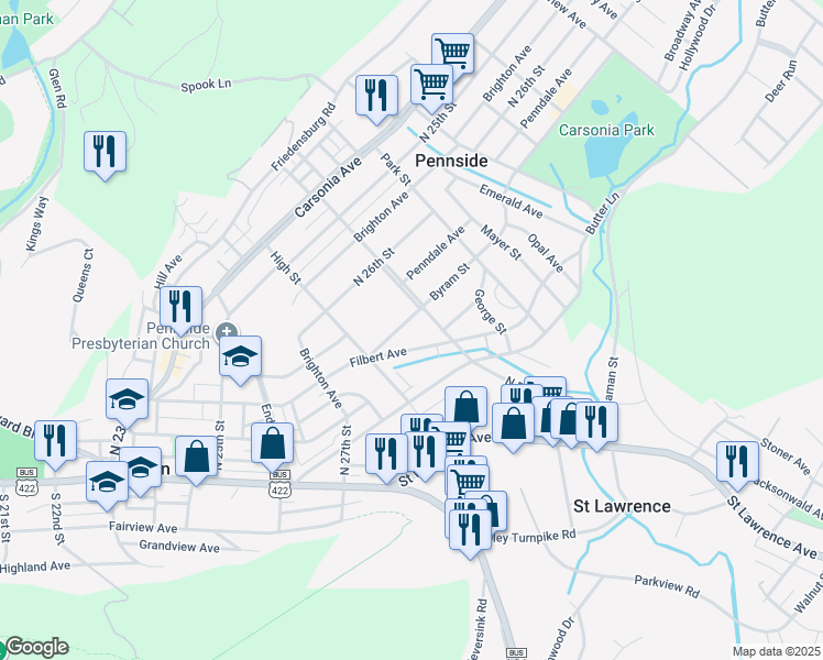 map of restaurants, bars, coffee shops, grocery stores, and more near 504 Byram Street in Reading