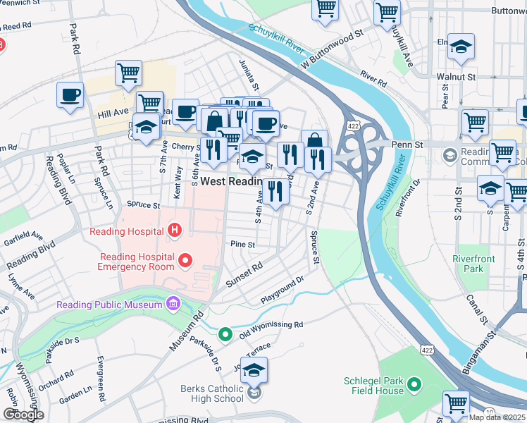 map of restaurants, bars, coffee shops, grocery stores, and more near 333 Spruce Street in West Reading