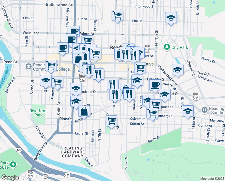 map of restaurants, bars, coffee shops, grocery stores, and more near 744 Chestnut Street in Reading