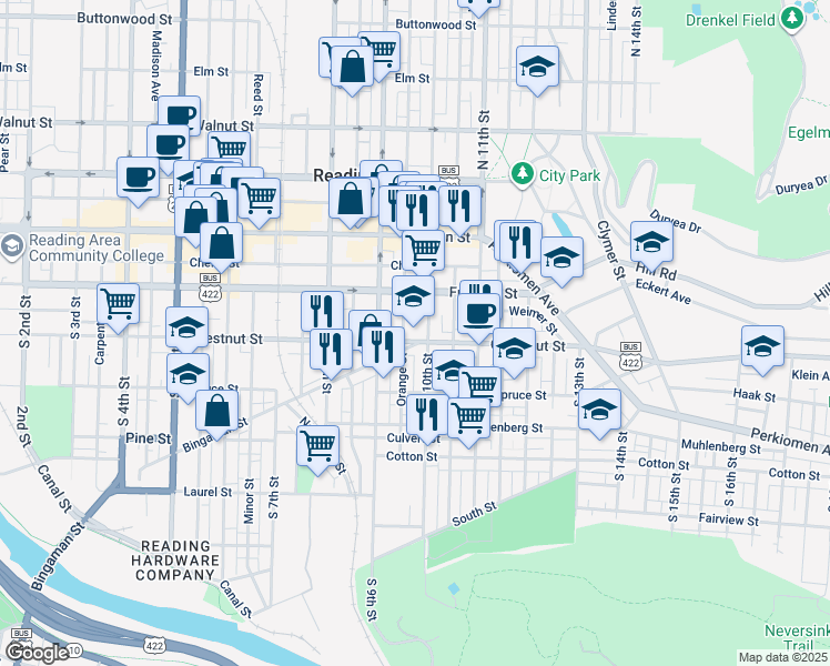 map of restaurants, bars, coffee shops, grocery stores, and more near 931 Chestnut Street in Reading
