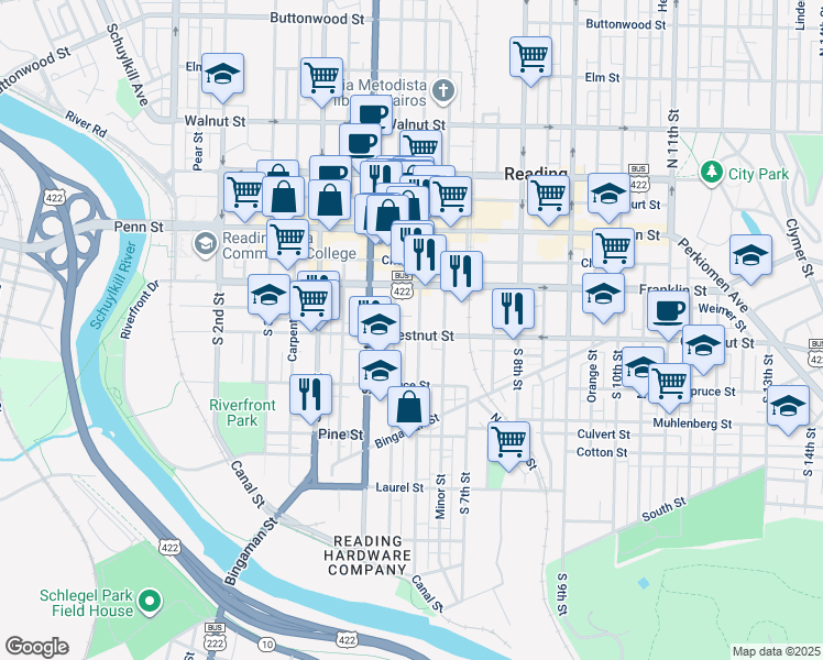 map of restaurants, bars, coffee shops, grocery stores, and more near 520 Chestnut Street in Reading