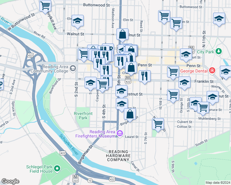 map of restaurants, bars, coffee shops, grocery stores, and more near 200 South 5th Street in Reading