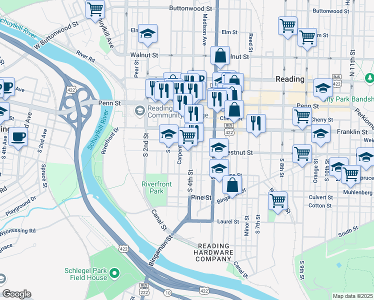 map of restaurants, bars, coffee shops, grocery stores, and more near 222 South 4th Street in Reading