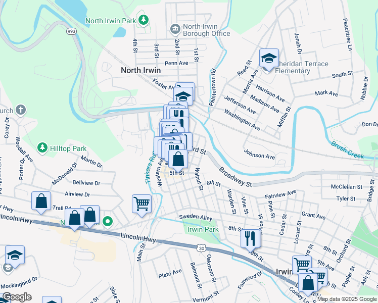 map of restaurants, bars, coffee shops, grocery stores, and more near 327 Main Street in Irwin