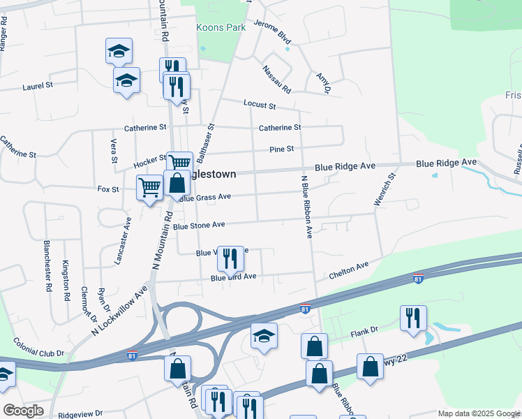 map of restaurants, bars, coffee shops, grocery stores, and more near 621 Blue Bell Avenue in Harrisburg