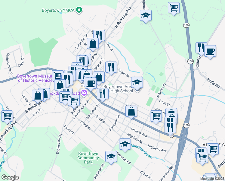 map of restaurants, bars, coffee shops, grocery stores, and more near 301 East 4th Street in Boyertown