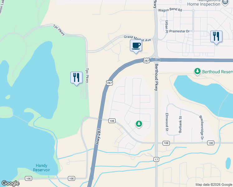 map of restaurants, bars, coffee shops, grocery stores, and more near 2390 Barela Drive in Berthoud