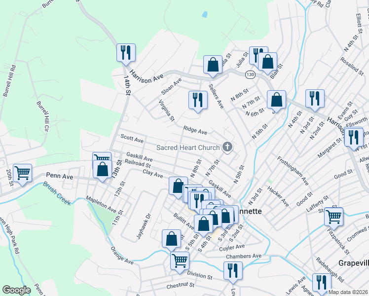 map of restaurants, bars, coffee shops, grocery stores, and more near 814 Scott Avenue in Jeannette