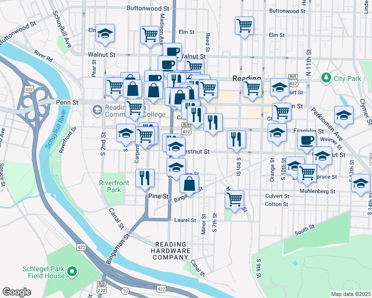 map of restaurants, bars, coffee shops, grocery stores, and more near 529 Chestnut Street in Reading