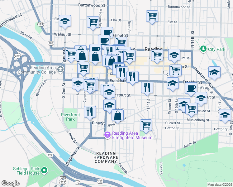 map of restaurants, bars, coffee shops, grocery stores, and more near 520 Chestnut Street in Reading