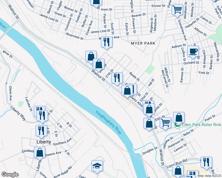 map of restaurants, bars, coffee shops, grocery stores, and more near 2800 Walnut Street in McKeesport