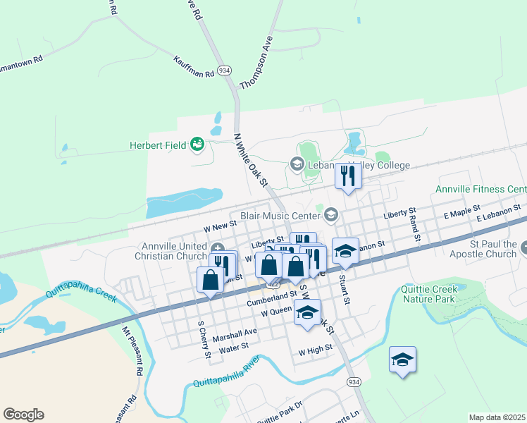 map of restaurants, bars, coffee shops, grocery stores, and more near 234 North Lancaster Street in Annville