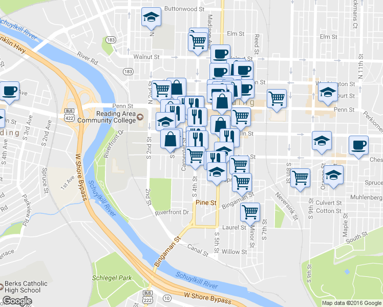 map of restaurants, bars, coffee shops, grocery stores, and more near 343 Chestnut Street in Reading